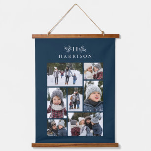Familiefoto collage rustige monogram marineblauw hangend wandkleed