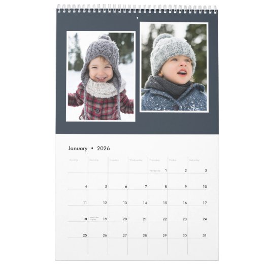 Familiefoto collage rustige monogram marineblauw kalender (Jan 2026)