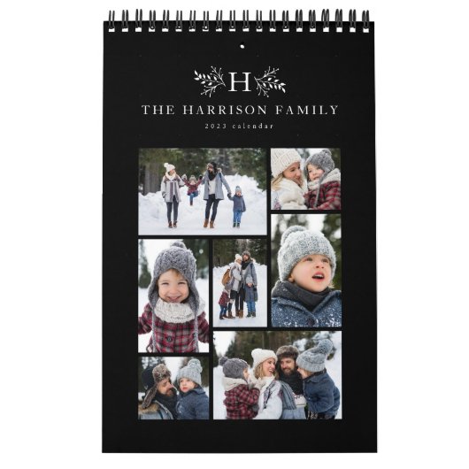 Familiefoto collage rustige monogram zwart & crème kalender (Hoes)