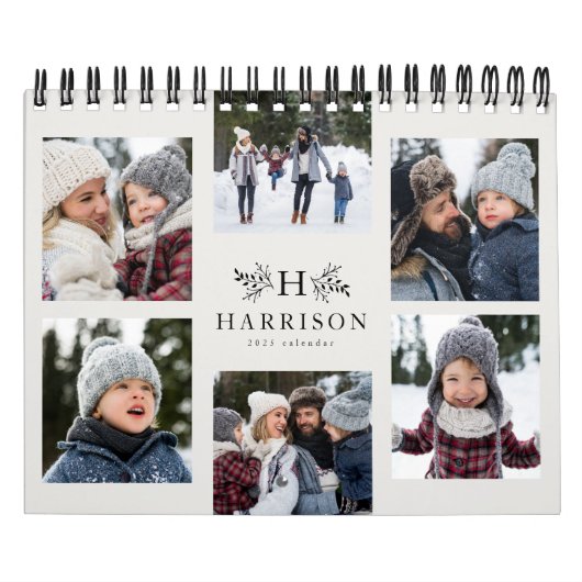 Familiefoto collage rustige monogram zwart & crème kalender (Hoes)