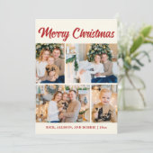 Familiefoto Collage Vrolijk Kerstrood Feestdagenkaart (Staand voorkant)