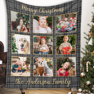 Familiefoto Collage Winter Grey Patchwork Plaid Fleece Deken