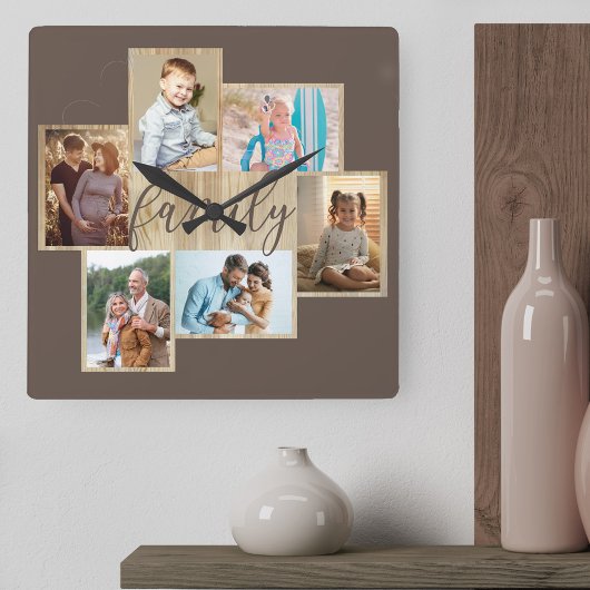 Familiefoto Collage Wood Graan Border Brown Vierkante Klok