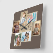 Familiefoto Collage Wood Graan Border Brown Vierkante Klok (Hoek)