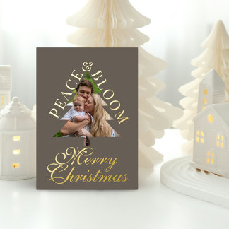 Familiefoto dennenboom schrift grijs goud echt folie uitnodiging