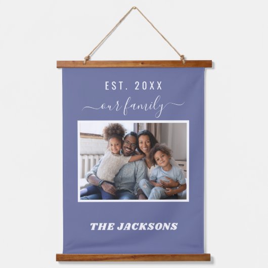 Familiefoto donkerblauw naamscript hangend wandkleed (Voorkant)