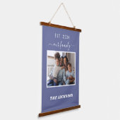 Familiefoto donkerblauw naamscript hangend wandkleed (Gebogen)