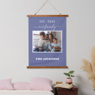 Familiefoto donkerblauw naamscript hangend wandkleed