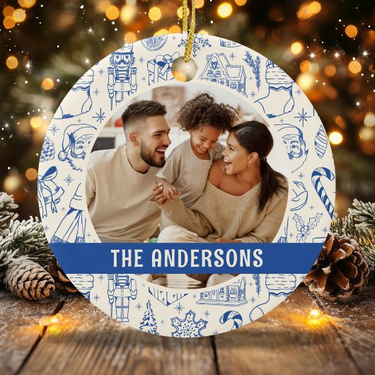 Familiefoto Doodle Blauwe Kerstmis Keramisch Ornament