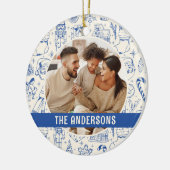 Familiefoto Doodle Blauwe Kerstmis Keramisch Ornament (Links)