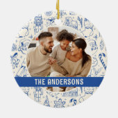 Familiefoto Doodle Blauwe Kerstmis Keramisch Ornament (Achterkant)