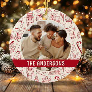 Familiefoto Doodle Red Christmas Keramisch Ornament