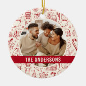 Familiefoto Doodle Rode Kerstmis Keramisch Ornament (Voorkant)