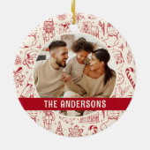 Familiefoto Doodle Rode Kerstmis Keramisch Ornament (Achterkant)