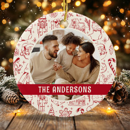Familiefoto Doodle Rode Kerstmis Keramisch Ornament