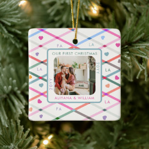 Familiefoto Eerste Kerstfeest La Pastelpatroon Keramisch Ornament
