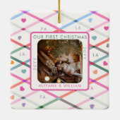 Familiefoto Eerste Kerstfeest La Pastelpatroon Keramisch Ornament (Achterkant)