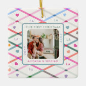 Familiefoto Eerste Kerstfeest La Pastelpatroon Keramisch Ornament (Voorkant)