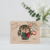 Familiefoto Elegant Script Waterverf Kerst Feestdagenkaart (Staand voorkant)