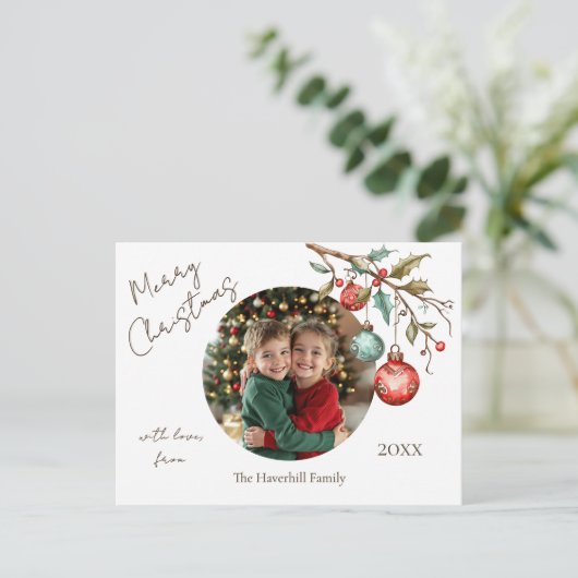 Familiefoto Elegant Script Waterverf Kerst Feestdagenkaart (Staand voorkant)