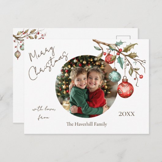 Familiefoto Elegant Script Waterverf Kerst Feestdagenkaart (Voorkant / Achterkant)