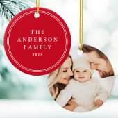 Familiefoto elegante border naam jaar rood keramisch ornament