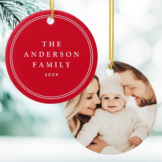 Familiefoto elegante border naam jaar rood keramisch ornament