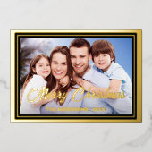 Familiefoto en naam elegant script kerst folie feestdagenkaart (Voorkant)