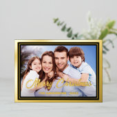 Familiefoto en naam elegant script kerst folie feestdagenkaart (Staand Voorkant)