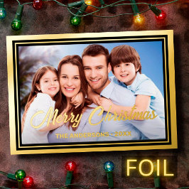 Familiefoto en naam elegant script kerst folie feestdagenkaart