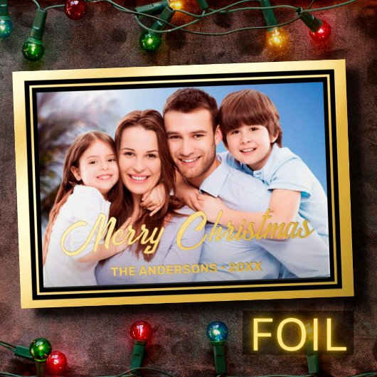 Familiefoto en naam elegant script kerst folie feestdagenkaart