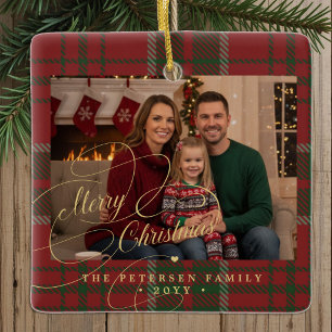 Familiefoto geruite klassieke Kerstmis  Keramisch Ornament