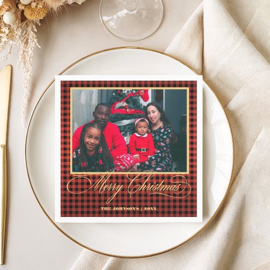 Familiefoto & Gold Script Vrolijk kerstfeest Servet