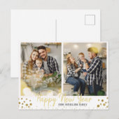 Familiefoto Goud Confetti Gelukkig Nieuwjaar Feestdagenkaart (Voorkant / Achterkant)