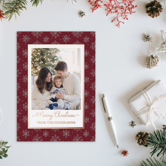 Familiefoto Goud Folie Donkerrood Kerstmis Feestdagenkaart