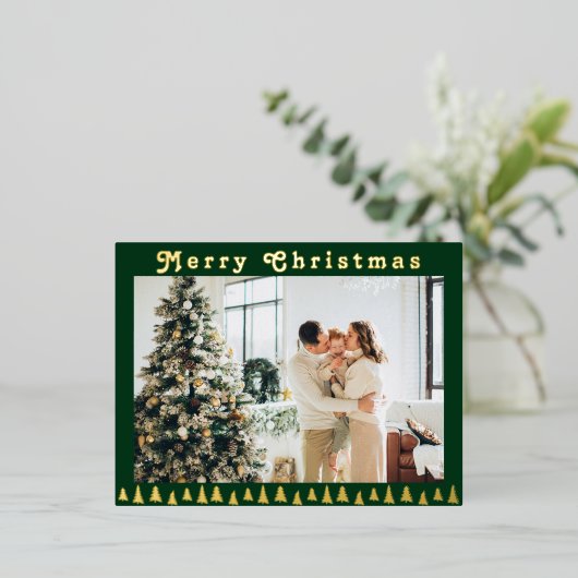Familiefoto groen Kerstmis Folie Feestdagen Briefkaart (Staand Voorkant)