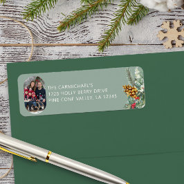 Familiefoto Groene Holly Pine Kerstmis Adres Etiket