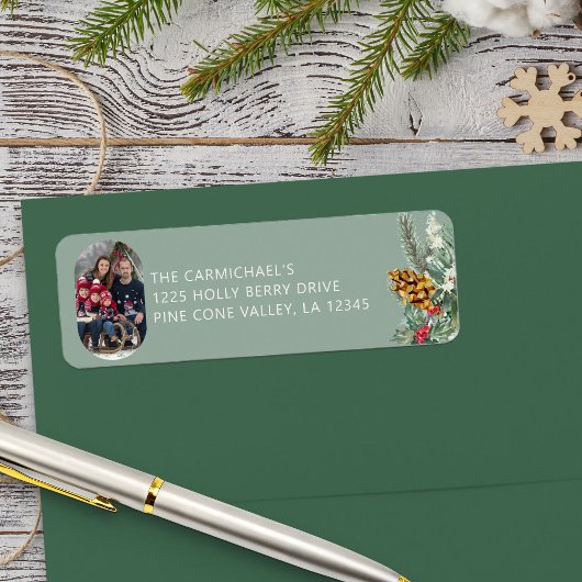 Familiefoto Groene Holly Pine Kerstmis Adres Etiket