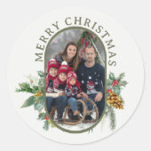 Familiefoto Holly en Pine Vrolijk Kerstfeest Ronde Sticker (Voorkant)