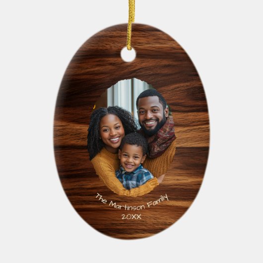 Familiefoto Hout Ovaal Gepersonaliseerde Kerst Keramisch Ornament (Voorkant)