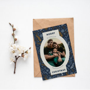 Familiefoto in blauwe bloemendoodle feestdagen kaart