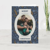 Familiefoto in blauwe bloemendoodle feestdagen kaart (Voorkant)