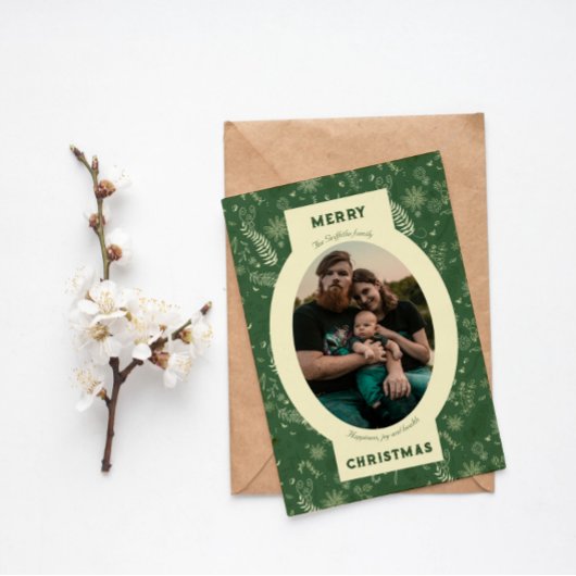 Familiefoto in groene bloemendoodle feestdagen kaart
