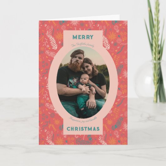 Familiefoto in oranje bloemendoodle feestdagen kaart (Voorkant)