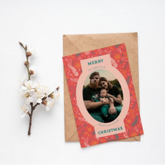 Familiefoto in oranje bloemendoodle feestdagen kaart