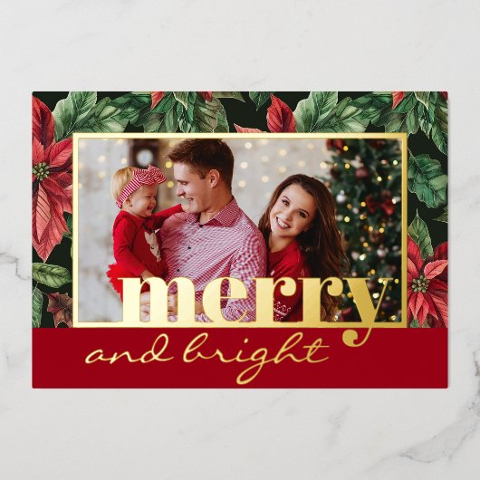 Familiefoto in Poinsettia bloemengoud Folie Feestdagenkaart (Voorkant)