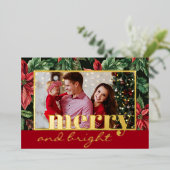 Familiefoto in Poinsettia bloemengoud Folie Feestdagenkaart (Staand Voorkant)