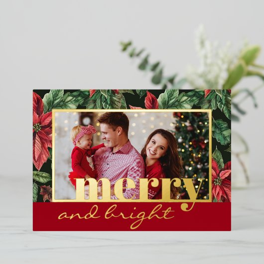 Familiefoto in Poinsettia bloemengoud Folie Feestdagenkaart (Staand Voorkant)