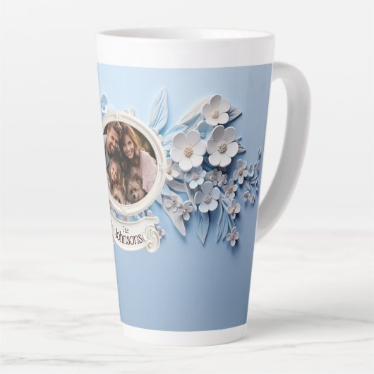 Familiefoto in wit porselein lijst latte mok (Rechterhoek)