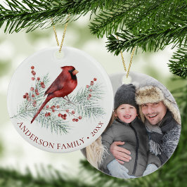 Familiefoto kardinaal Snowy Pine Kerstmis Keramisch Ornament